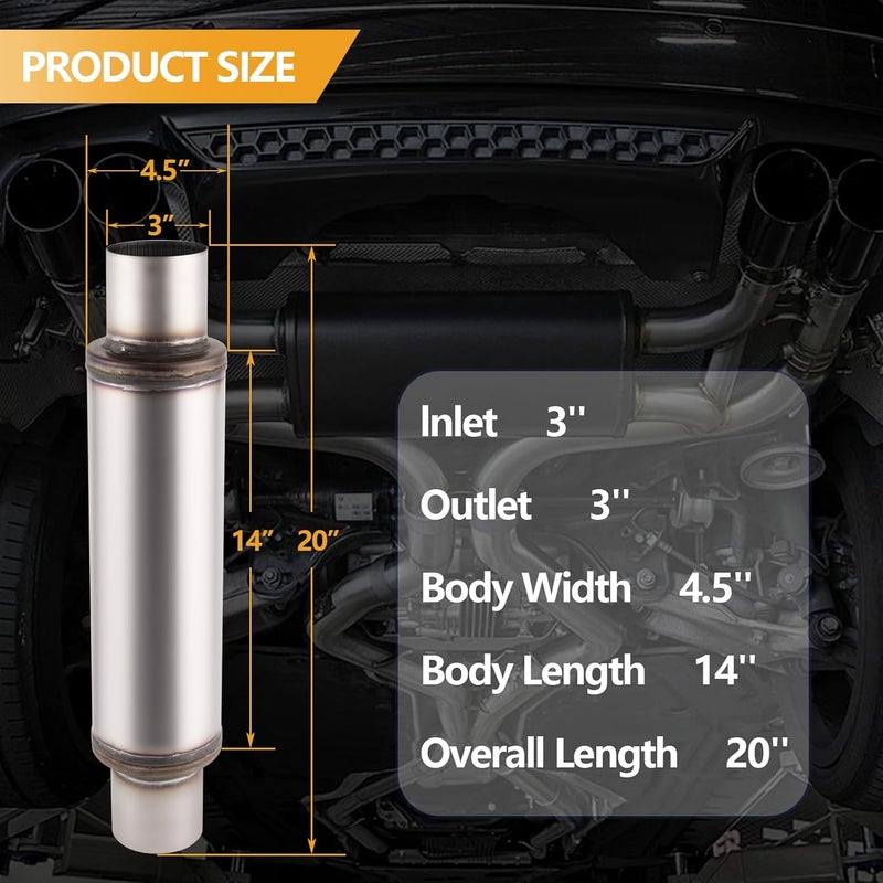 Piclafe 3 Inch Exhaust Muffler, 3" Inlet/Outlet 20" Overall Length Resonator, Stainless Steel Straight Through Design Performance Muffler, 1 PC - Image 2